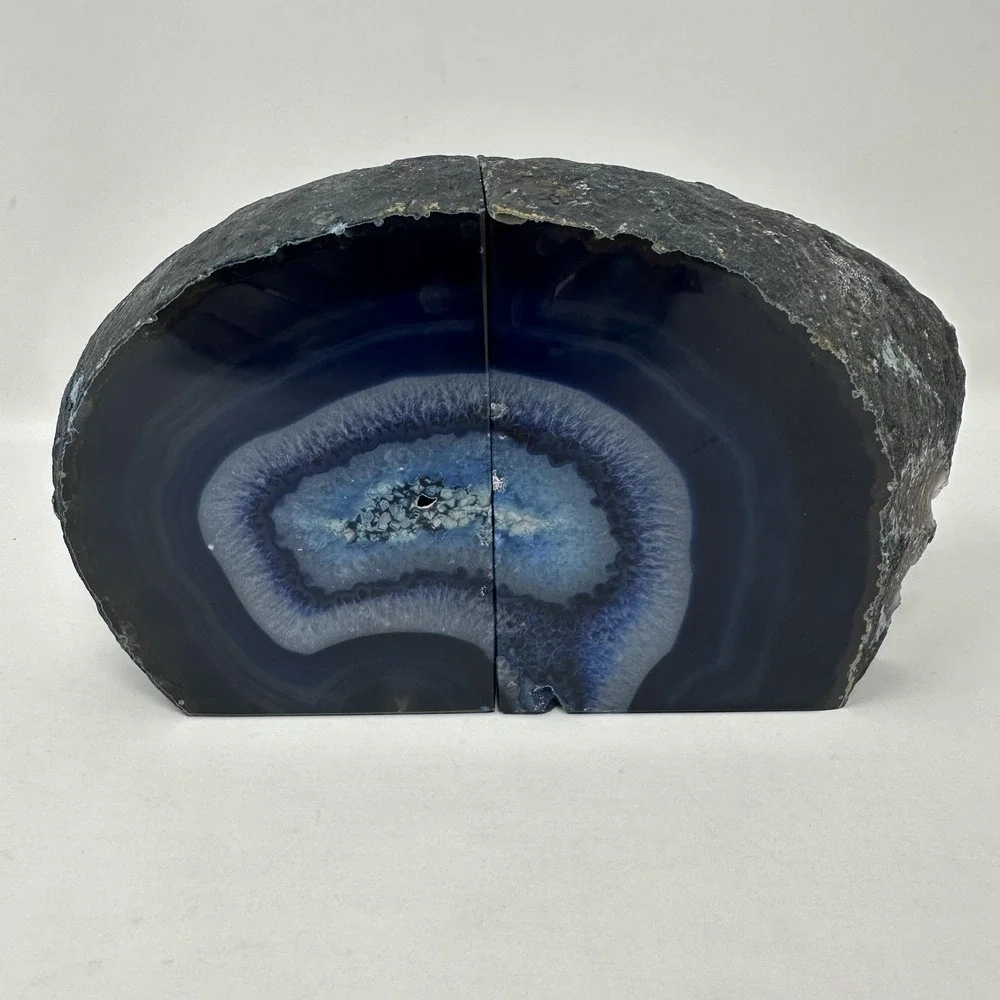 Blue Agate‎ Geode Natural Stone Bookends Pair Polished Crystal Home Decor Desk